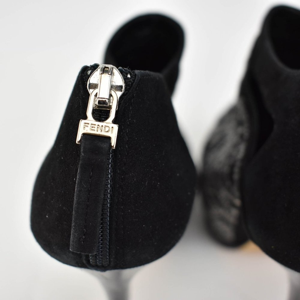 FENDI: Black, Leather Beaded Platform Logo Heels - Picture 8 of 11